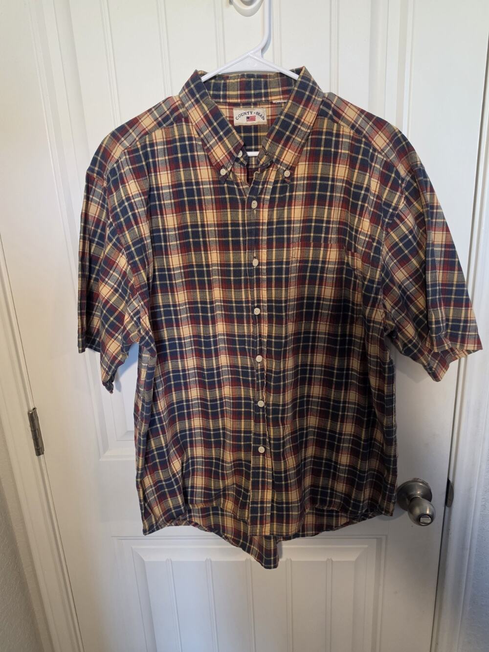 Vintage 90s County Seat Mens XL Plaid Short Sleeve Button Down Shirt USA Flag